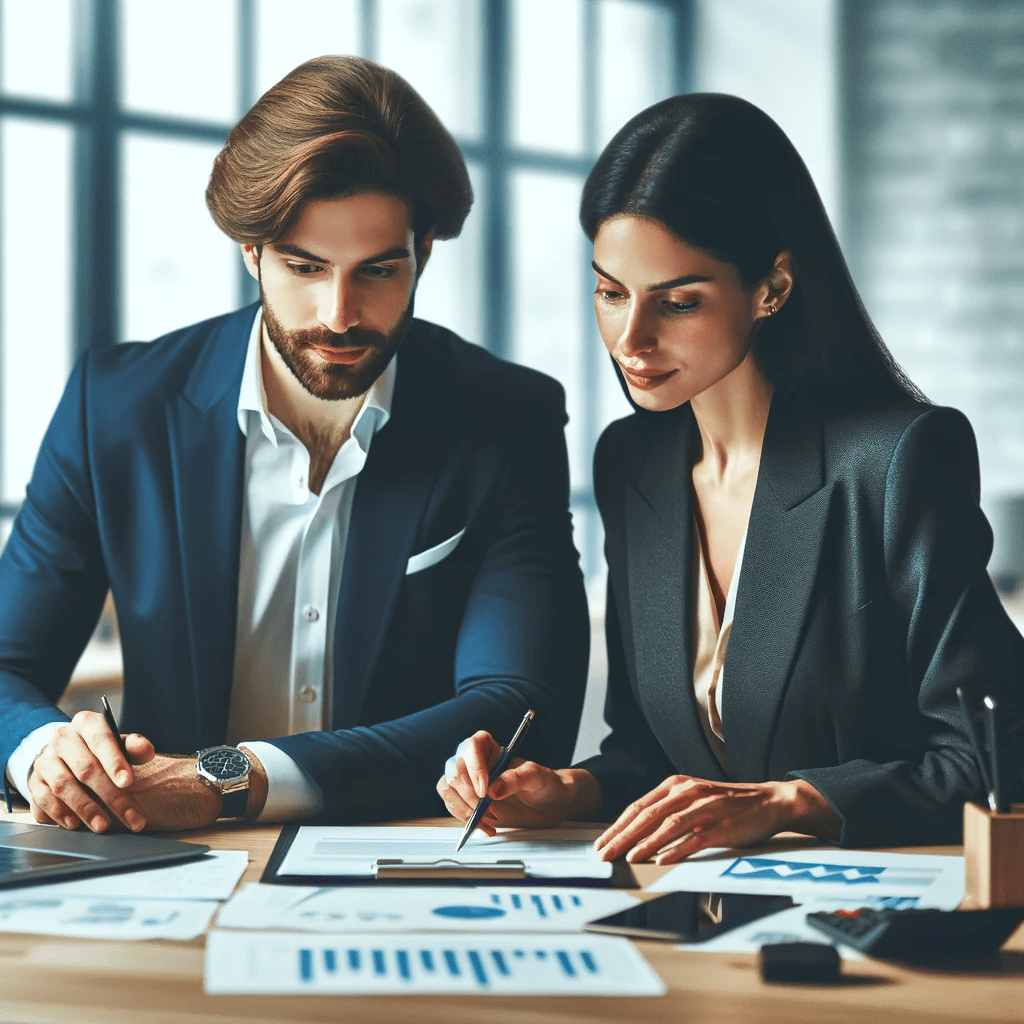 DALL·E 2023 12 28 19.23.03 un hombre y una mujer de negocios con traje trabajando juntos como gestores y contables para start ups en una oficina moderna. La imagen debe ser hi